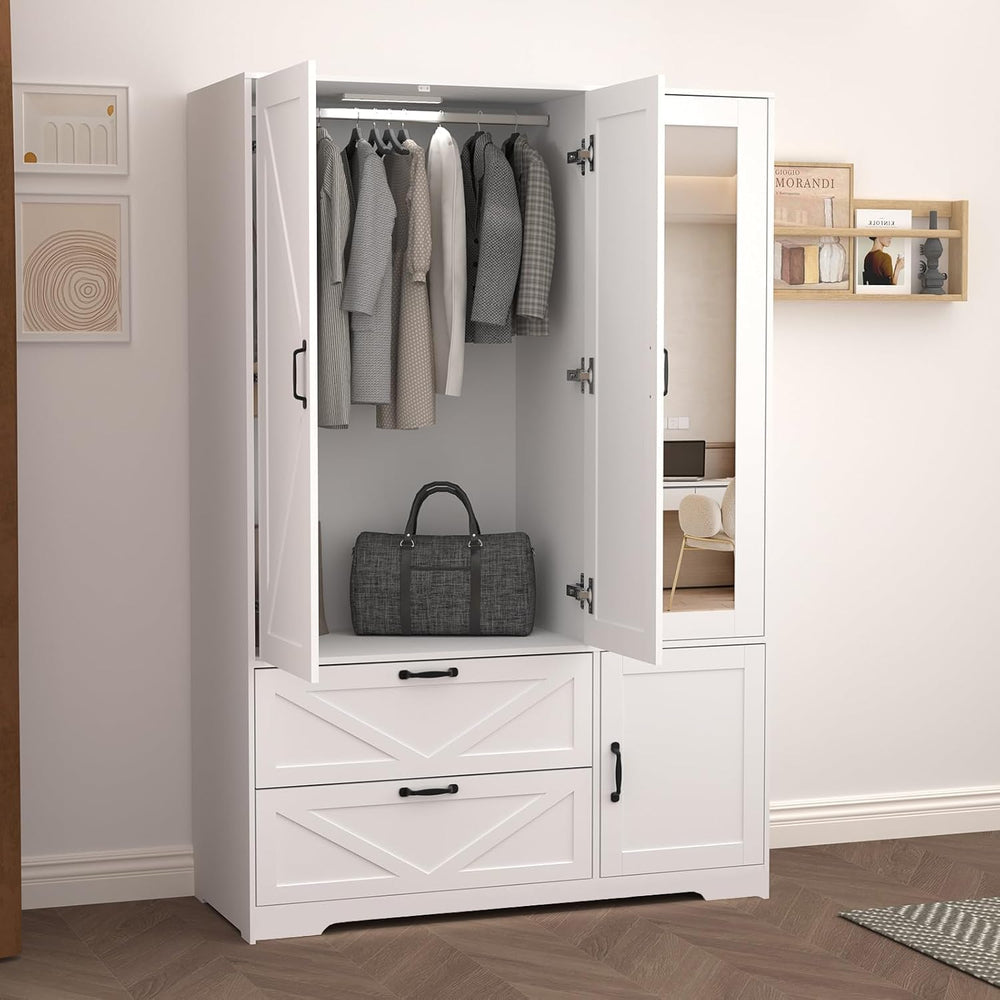 Armoire Wardrobe Closet with Mirror Door and LED Lights,3 Doors Farmhouse Bed...