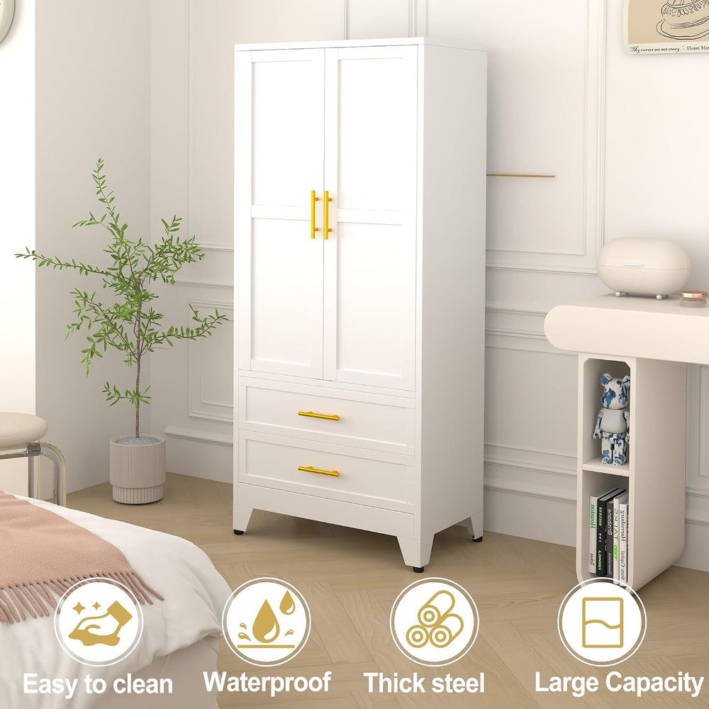RIETERN Metal Armoire Wardrobe Closet, 71" Tall White Bedroom Closet
