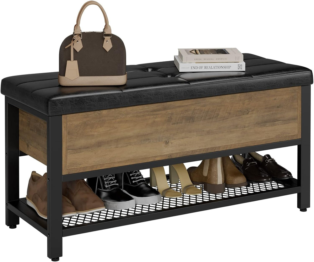 HOSTACK 40" W Storage Bench, Entryway Shoe Bench with Cushion, Rustic Brown