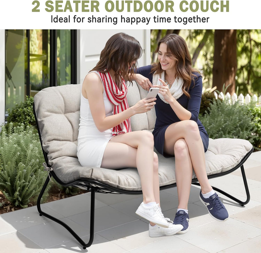 Outdoor Loveseat with Soft Cushion,Patio 2-Seat Boho Sofa (Beige)