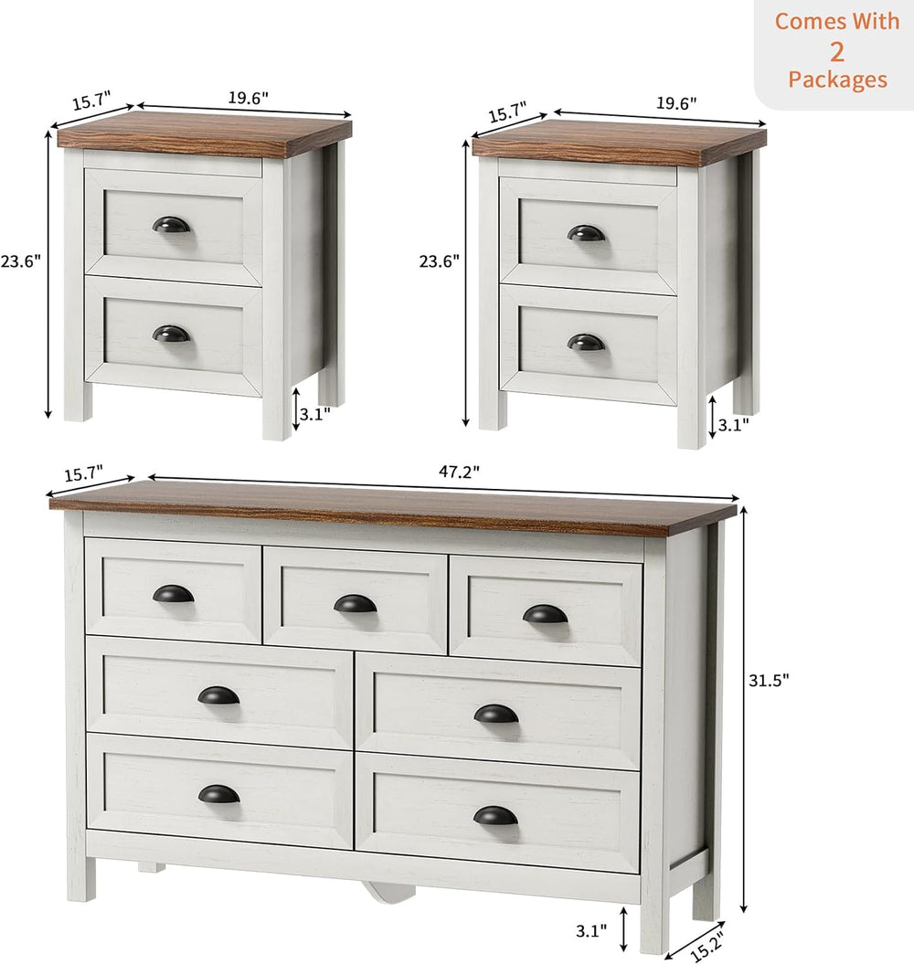 SINROM White Dresser Bedroom Set,7 Drawer Dresser & 2 Drawer Nightstands