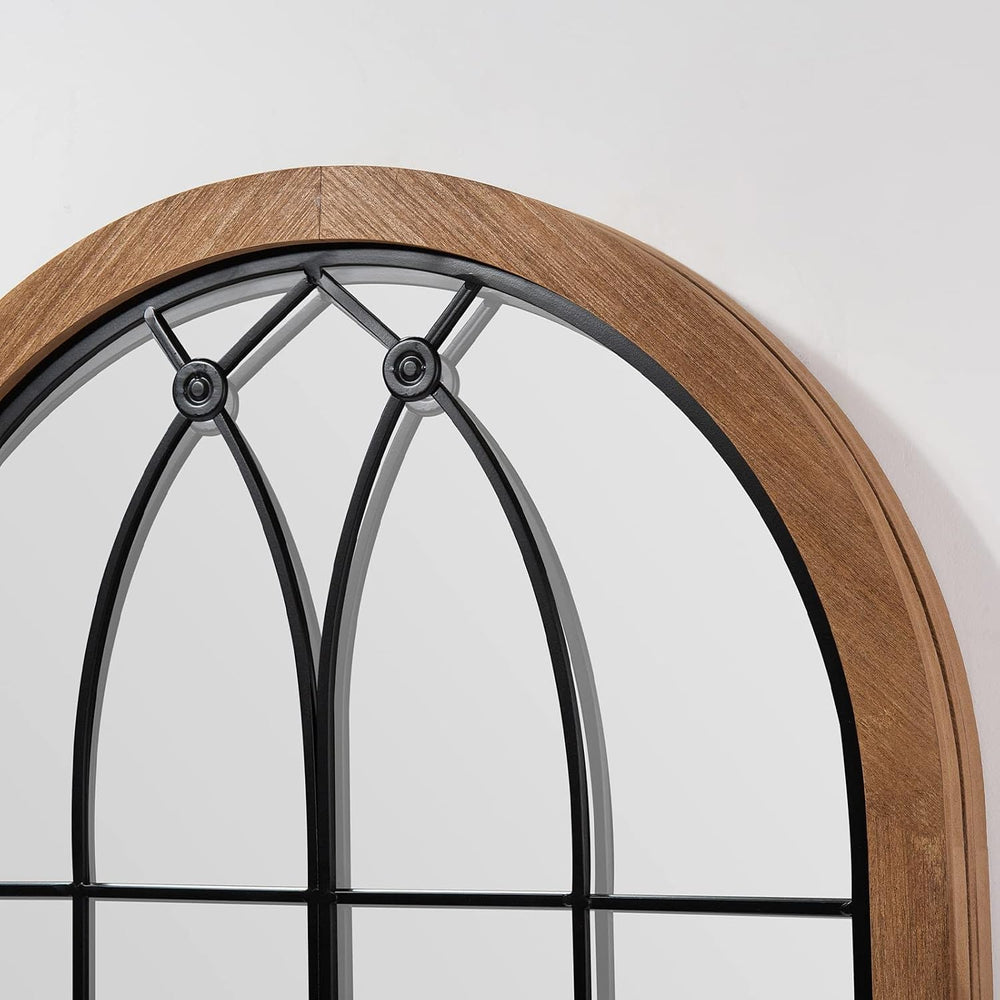 blue page Arched Window Pane Mirror 36x24 Inch Wood Frame, Window Brown