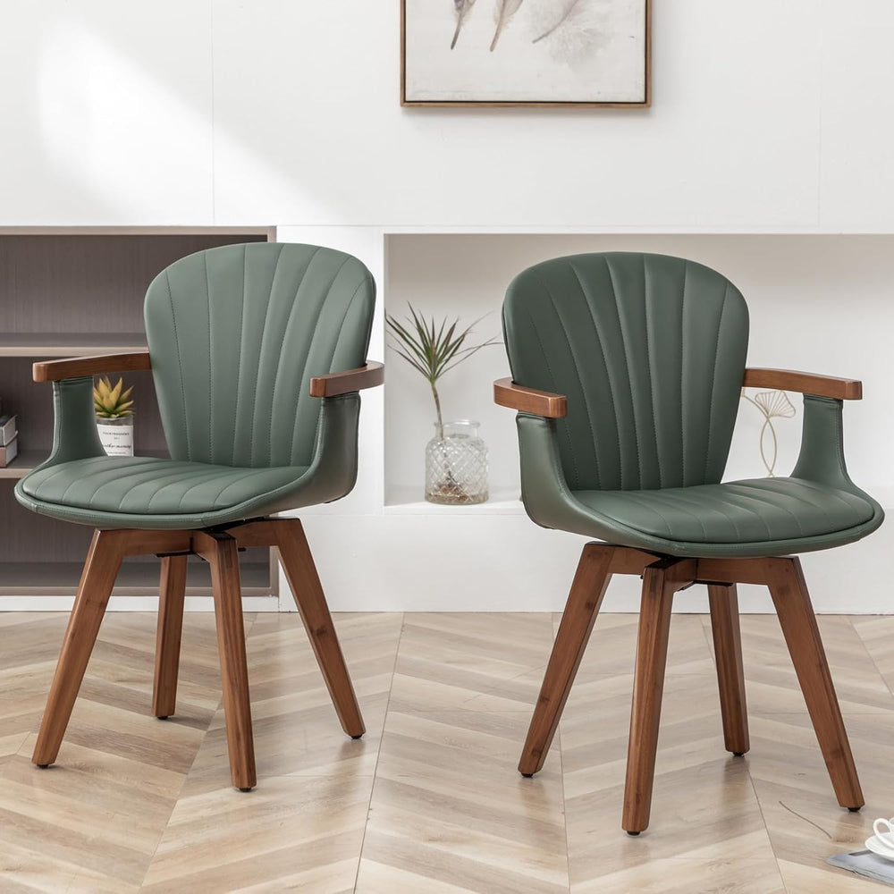 LUNLING Swivel Dining Room Chairs Set of 2, Mid Century Modern Green Faux Lea...