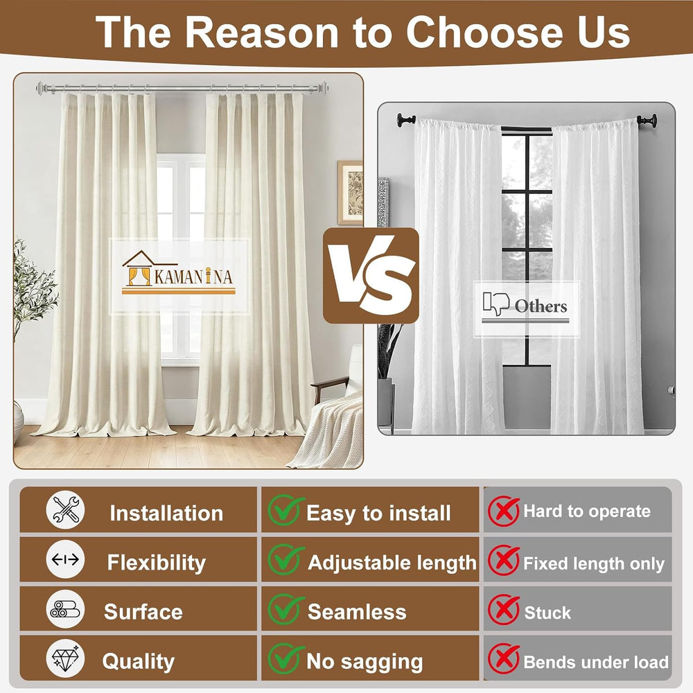 KAMANINA Silver Curtain Rod for Windows 72 to 144 Inch, Long Heavy Duty