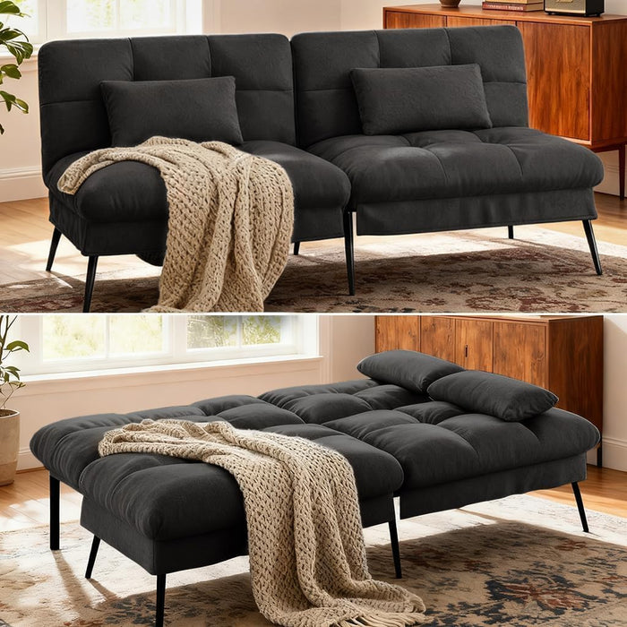 COMHOMA 72″ Convertible Futon Sofa Bed, Adjustable Backrest, Black | Breathable Fabric Futon Couch with Pillows,Multi-angle Ergonomic Reclining,Space-saving Sleeper Sofa for Living Room