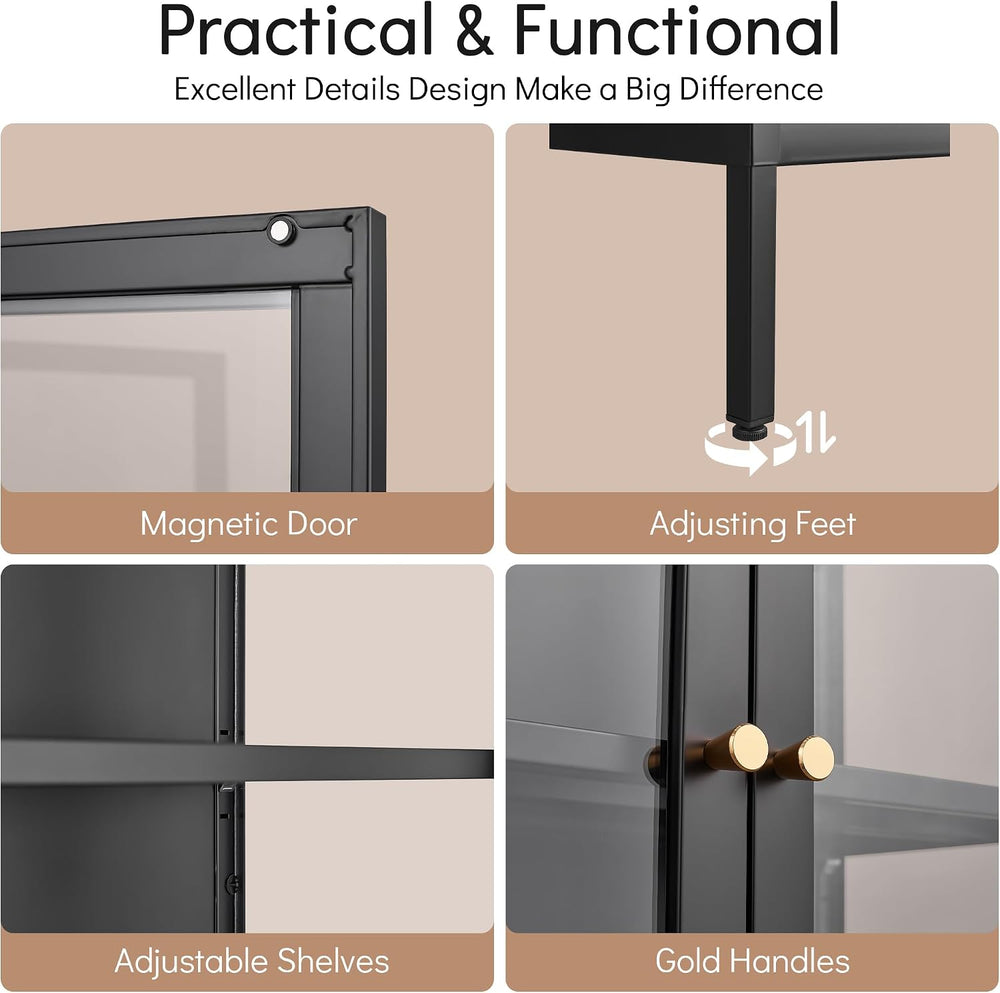 Polup 66" Black Glass Display Cabinet, 3-Side Clear View for Collectibles