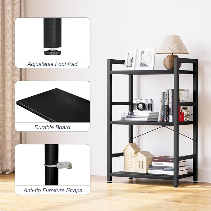NUMENN 3 Tier Slim Bookshelf, Bookcase Shelf Storage Organizer, Modern Book S...