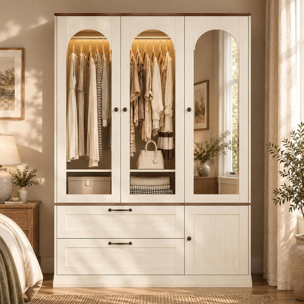 71" H Wardrobe Armoire with Mirror and Sensor Light,Flexible, Antique White