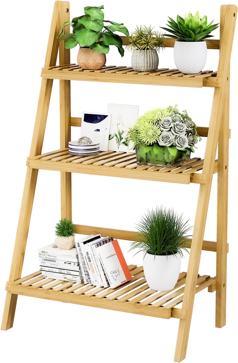 Foldable Ladder Shelf 39.4", Plant Shelf 3 Tier, Bamboo Ladder Flower Po...