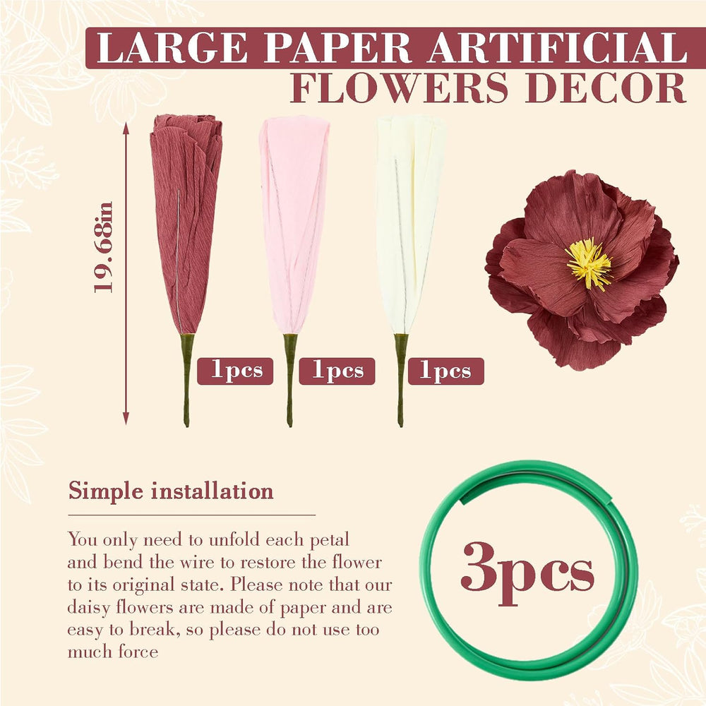3 Pcs 5ft Large Paper Mix Color Poppy Flower Giant Artificial Poppy