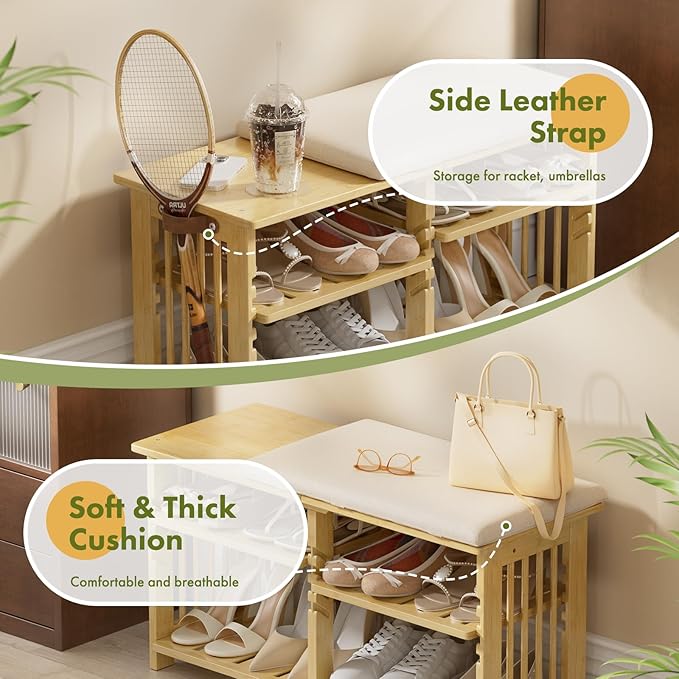 Amazer Bamboo Shoe Rack Bench, 3-Tier Shoe Bench Height Adjustable, Entry Ben...