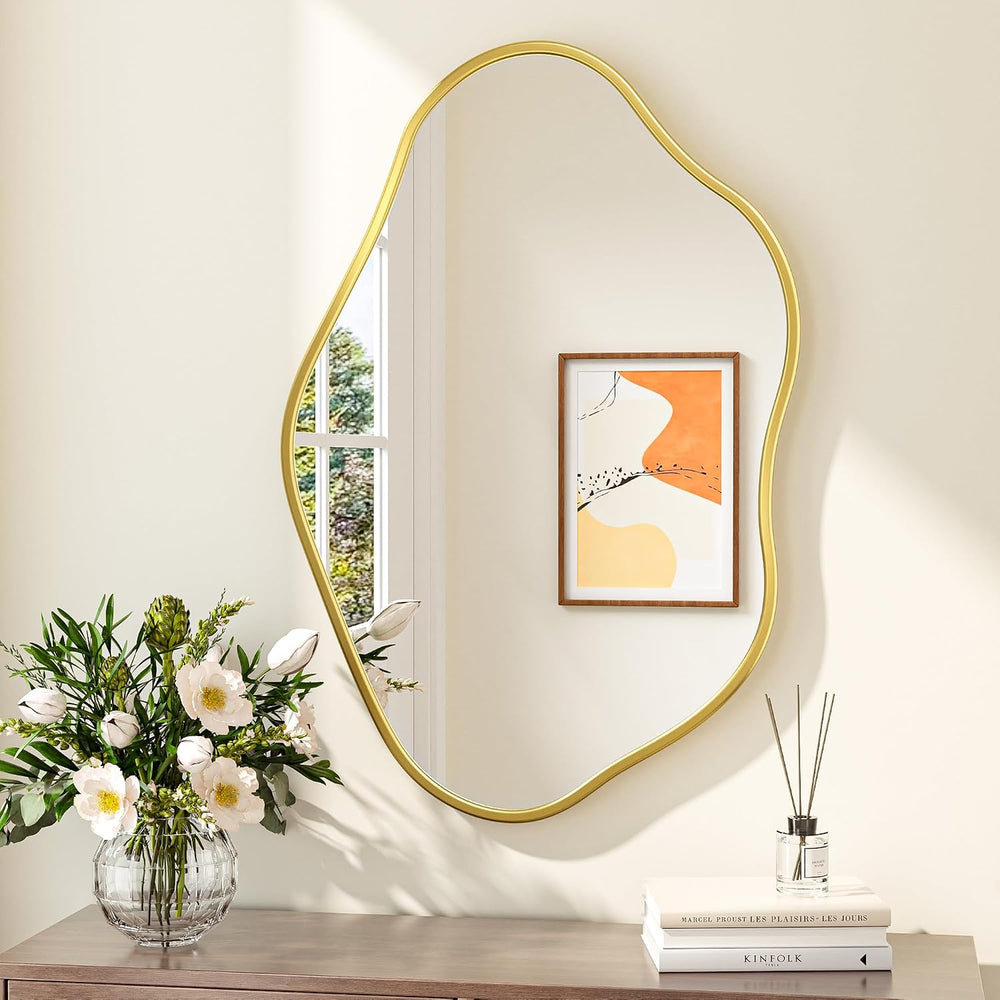 Keonjinn 24x36 Inch Gold Irregular Mirrors for Wall, Asymmetrical Mirror