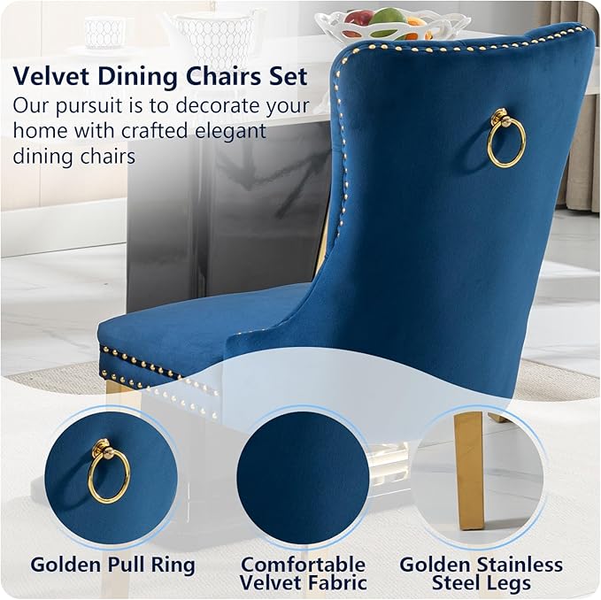 Blue Velvet Dining Chairs Set of 4, Dining Room Chairs Set of 4, Tufted Uphol...