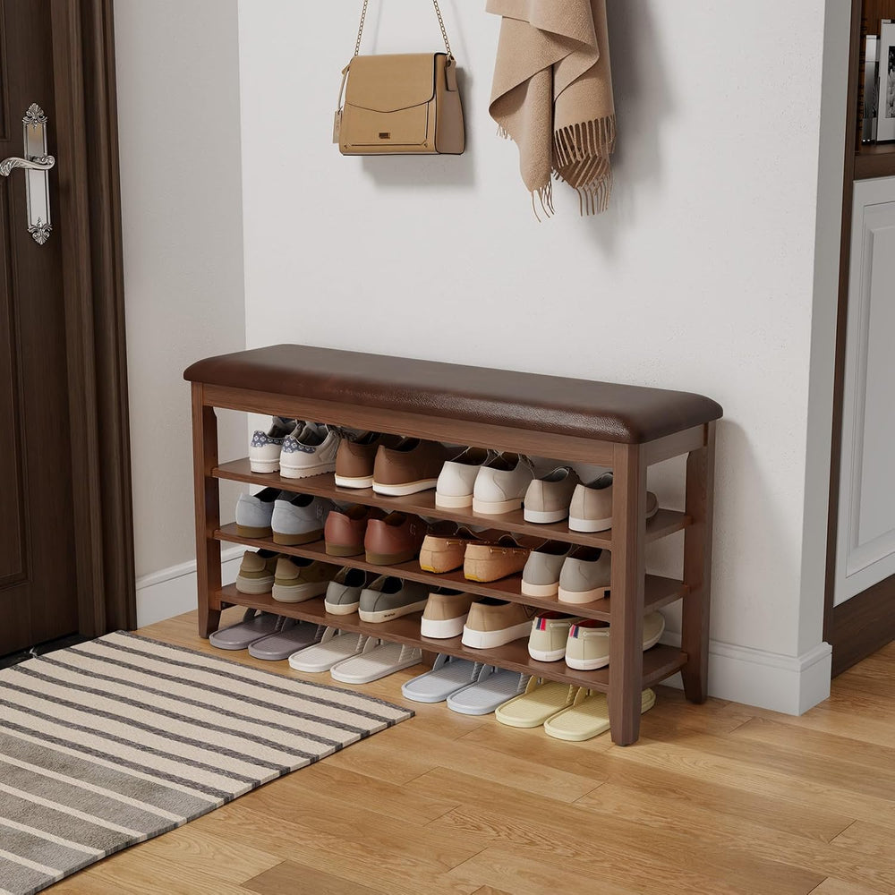 Shoe Bench with Leather Cushion, 3 Tiers Shoe Storage Bench Height Adjustable...
