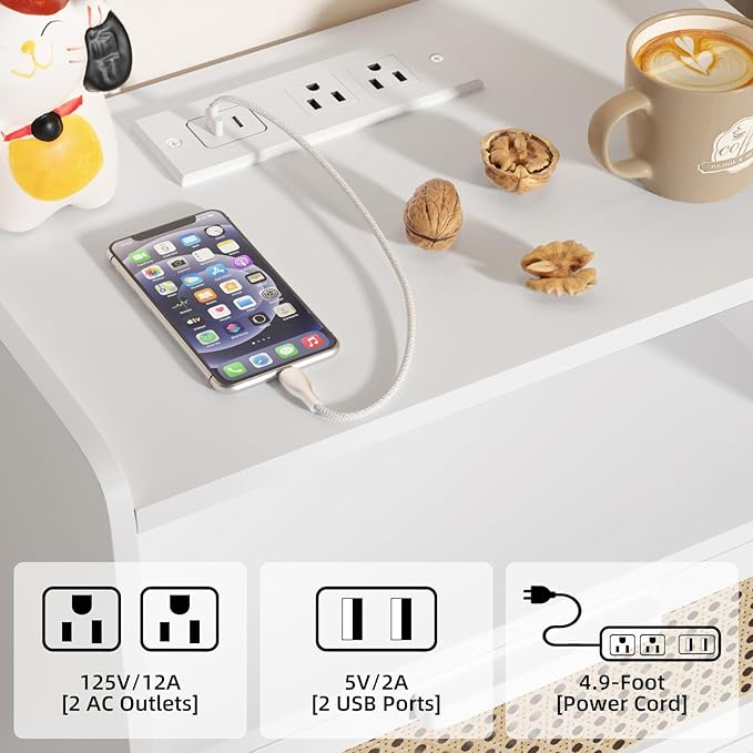 Lerliuo Rattan Nightstands Set of 2 with Charging Station, White Bedside Tabl...