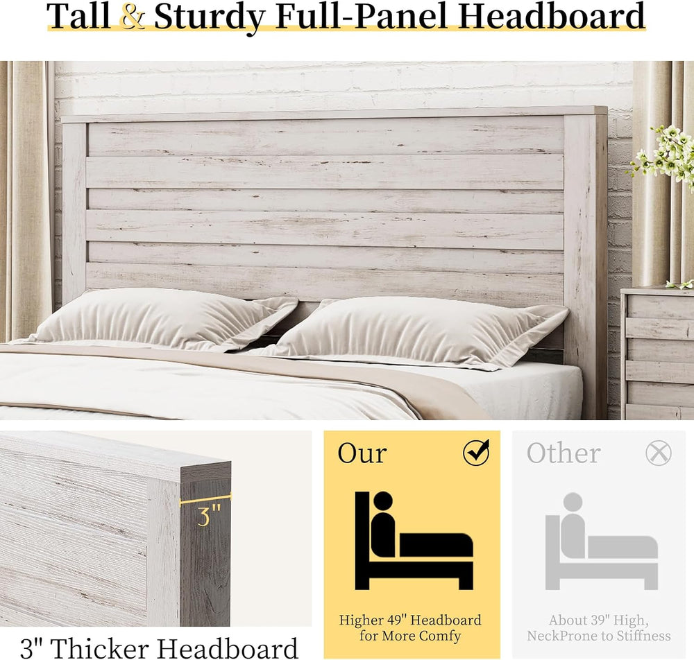 LUXOAK Full Farmhouse Bed Frame with 49" Tall Headboard