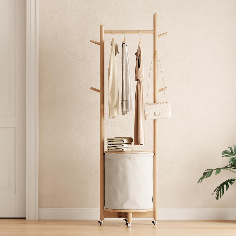 CycleCrew Solid Wood Coat Rack with Fabric Basket - Freestanding Coat Rack Ro...