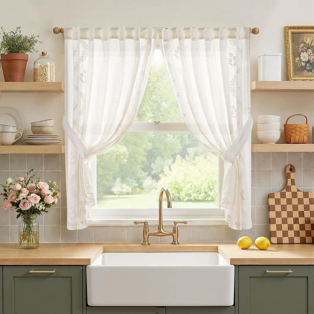 jinchan White Floral Linen Kitchen Tier Curtains 50x45 Inch 2 Panels