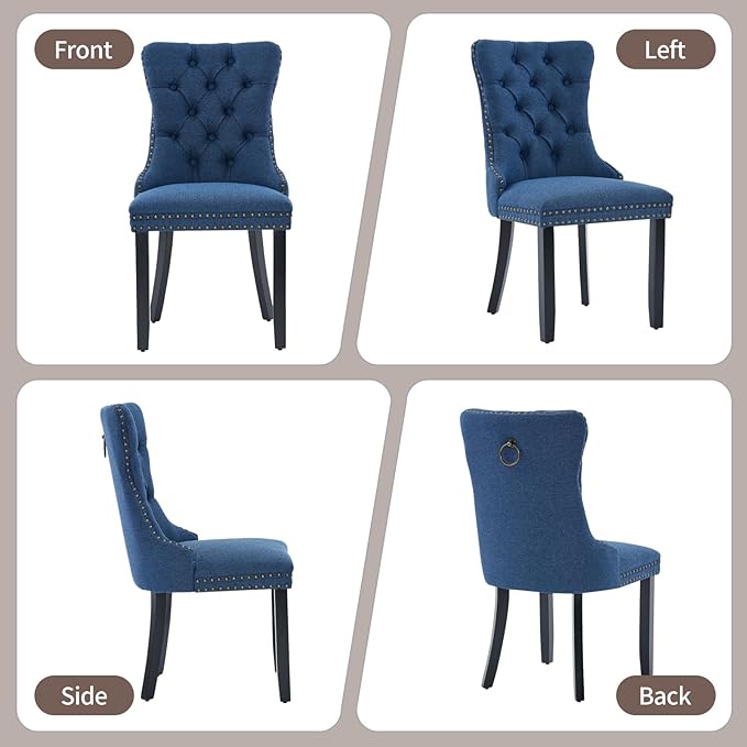 Blue Dining Chairs Set of 6, Upholstered Tufted Linen Fabric Dining Room Chai...