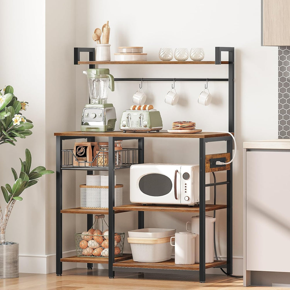HOOBRO Bakers Rack with Power Outlet, 35.4 Inches Coffee Bar with Mesh Basket...