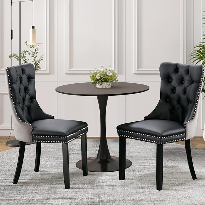 3-Pieces 31.5" Round Dining Table Set for 2, Black Dining Table & PU...