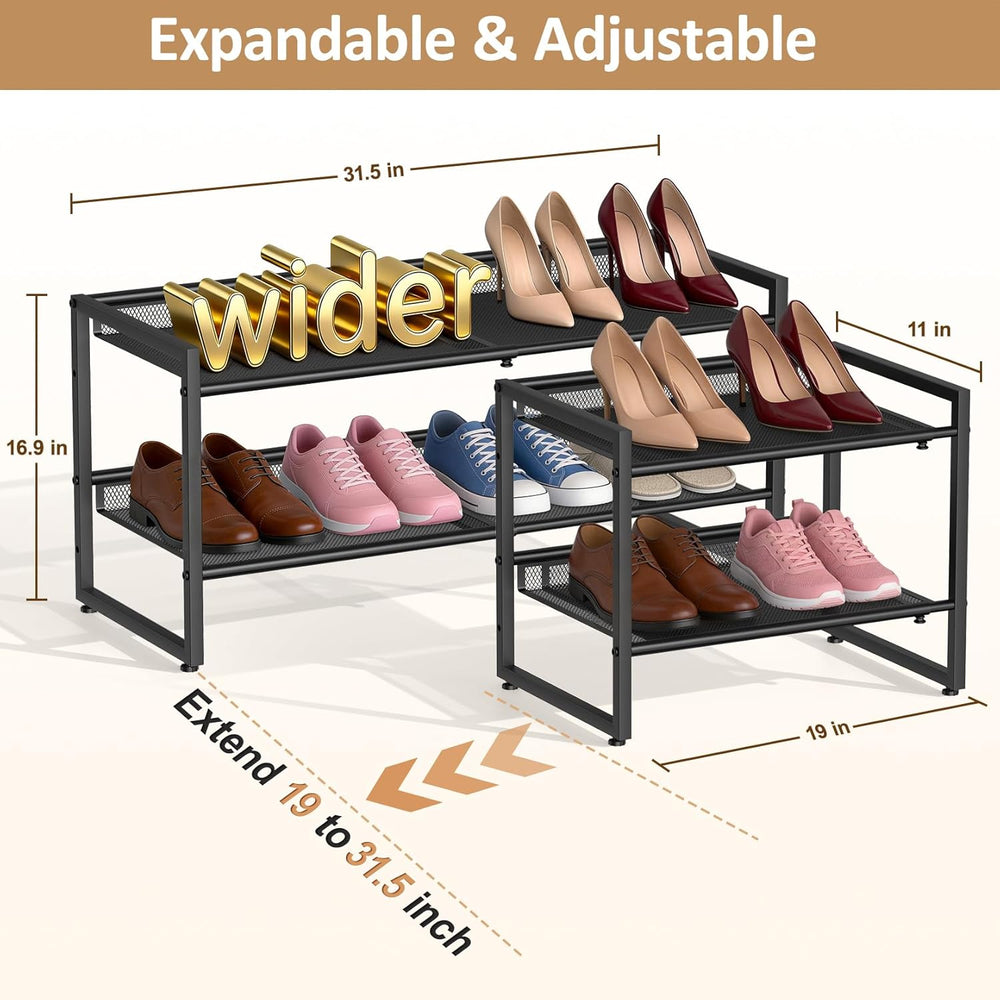 Expandable Shoe Rack, 2 Tier Adjustable Shoe Organizer with Flat & Slant ...