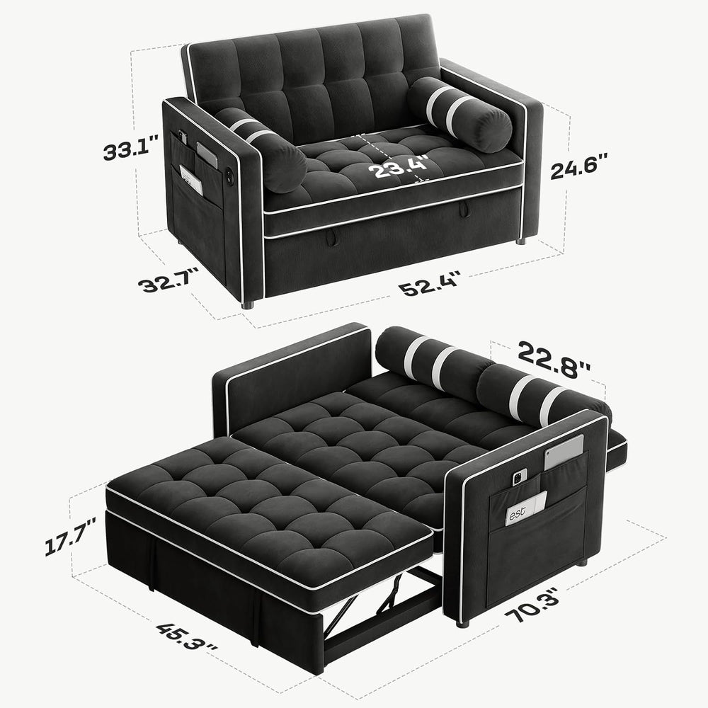 Marsail Futon Sleeper Sofa Bed, Convertible Pull Out Couch, Graphite Black
