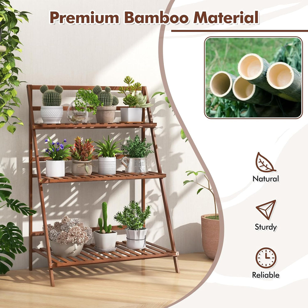 COSTWAY Bamboo Plant Stand, Foldable Multifunctional Flower Display Ladder Sh...