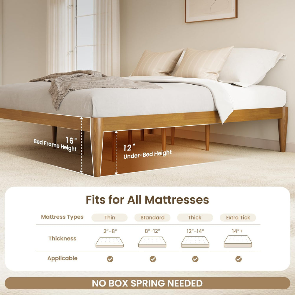 IOTXY Twin Platform Bed Frame - 16" Wood Mattress Foundation Base, Teak