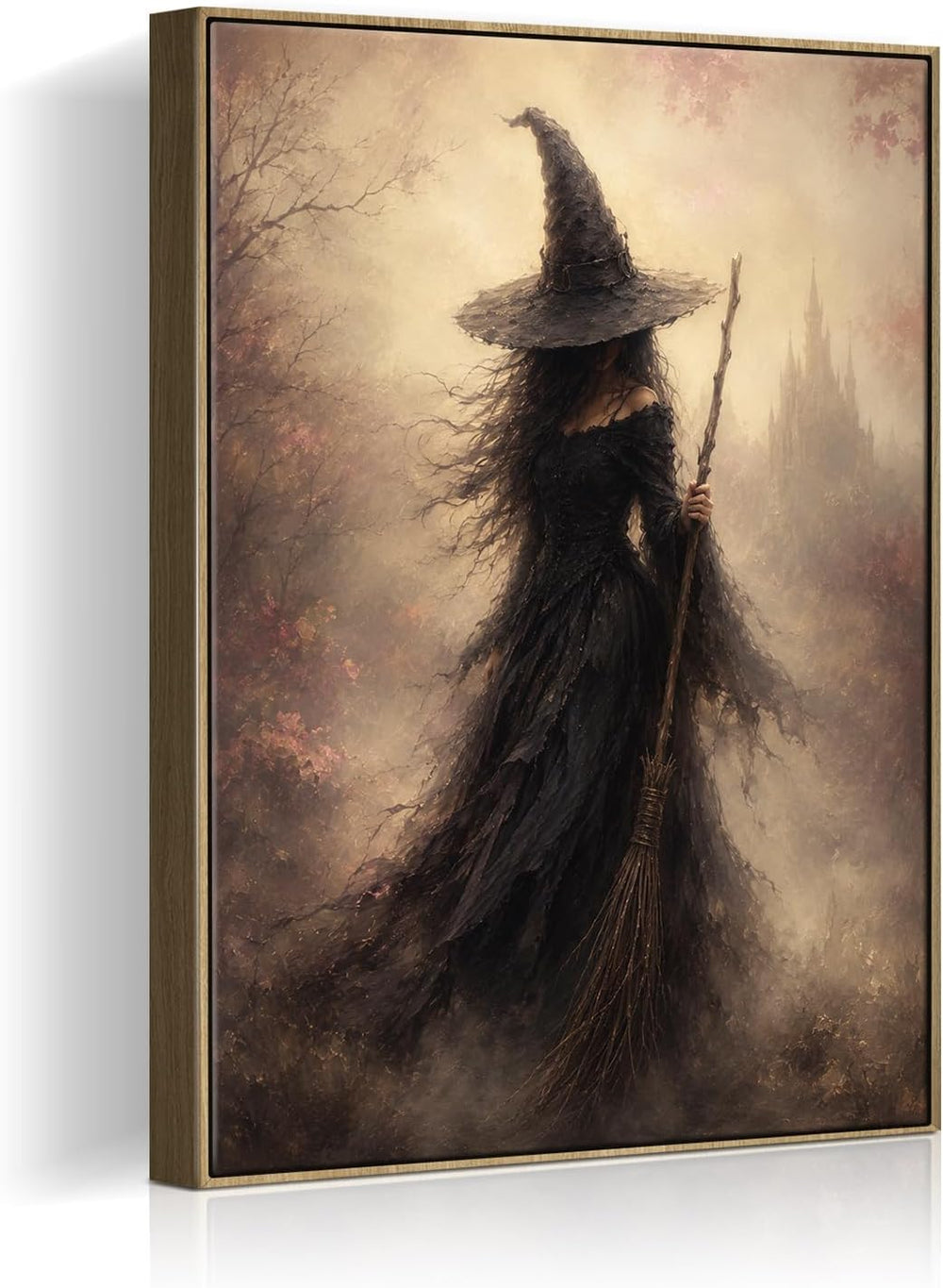 Halloween Framed Wall Art, Dark Witch with Broomstick Halloween Pictures