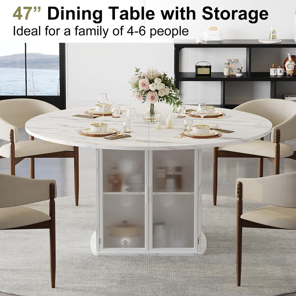 IBF 47" Round Dining Table with Storage, White Faux Marble Kitchen Table...