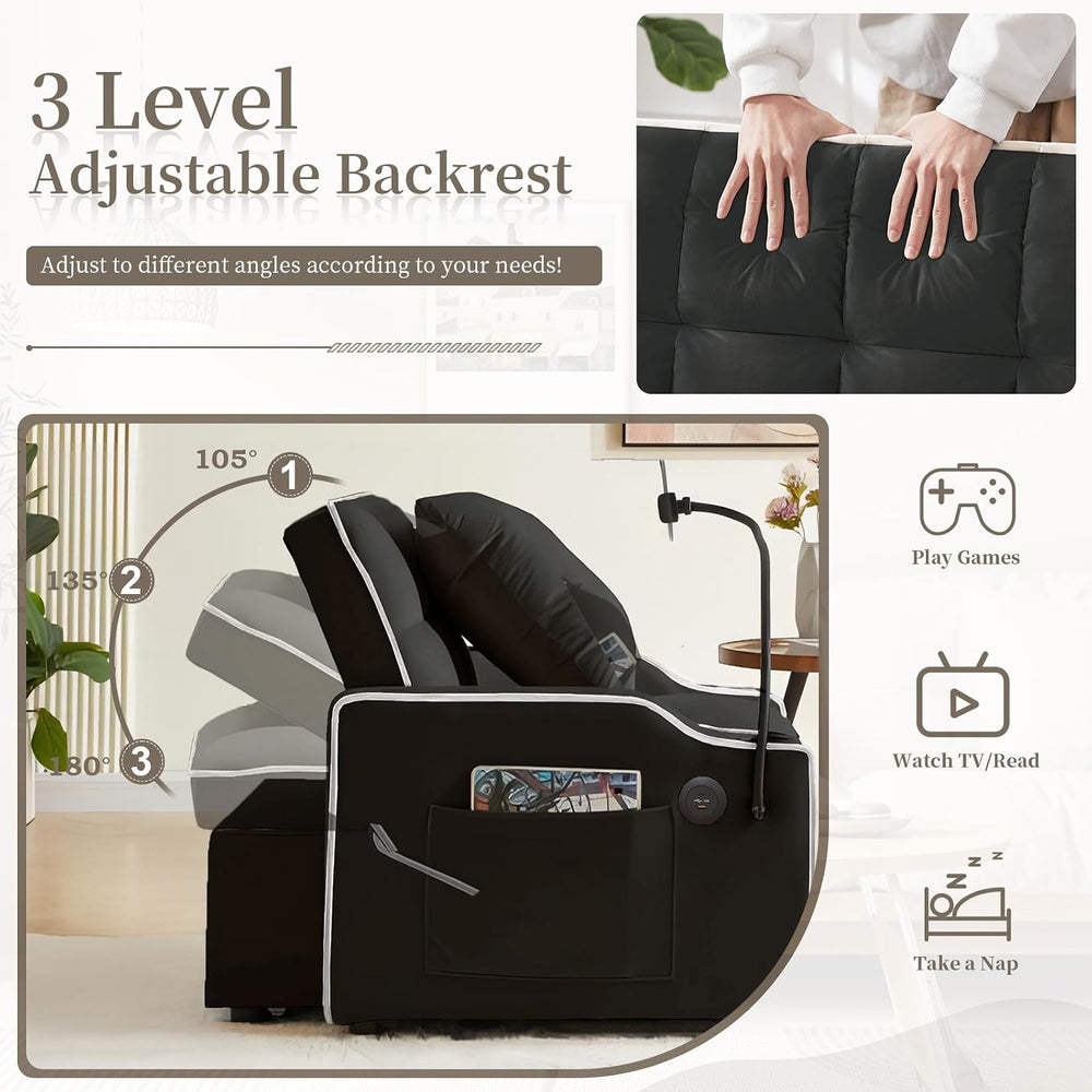 JEEOHEY Convertible Single Sleeper Velvet Futon Sleeper Sofa Bed with Phone H...