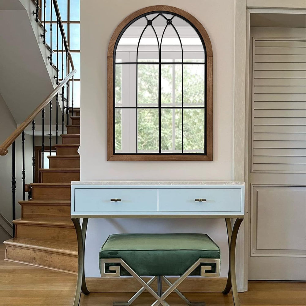 blue page Arched Window Pane Mirror 36x24 Inch Wood Frame, Window Brown