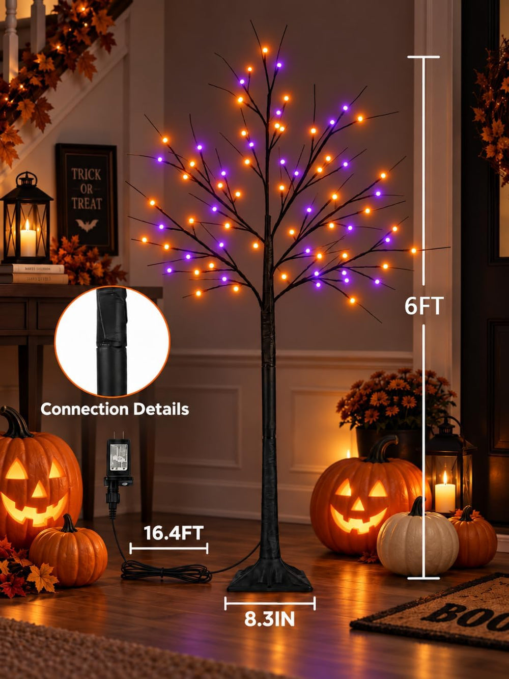 Black Halloween Tree with Purple and Orange Lights, 2Pack 6FT 300LED