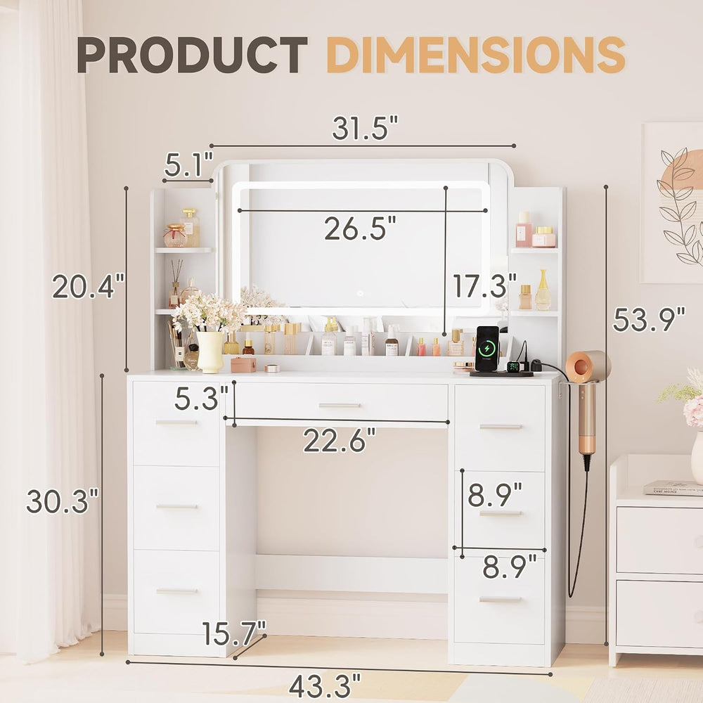 YESHOMY Vanity Desk with Large Mirror,11 Lights,Outlet,7 Drawers,(White