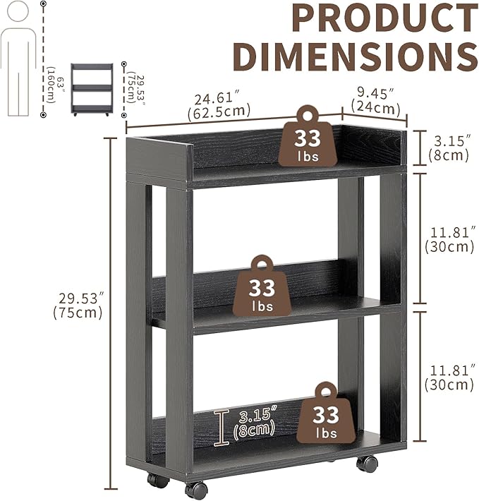 ALISENED Small Bookshelf and Bookcase, 3 Tier Wood Nightstand with Wheels, Mo...