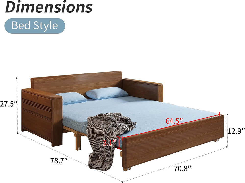 71" Solid Wood Walnut Frame Sectional Sleeper Sofa, 3-in-1 Pull Out Bed