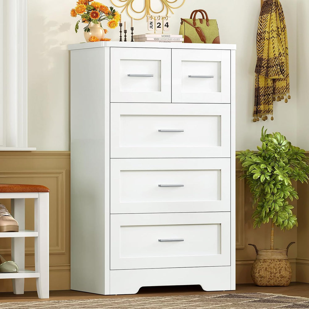 TEENFON Tall White Dresser for Bedroom, Modern 5 Drawer Dresser with Metal Ha...
