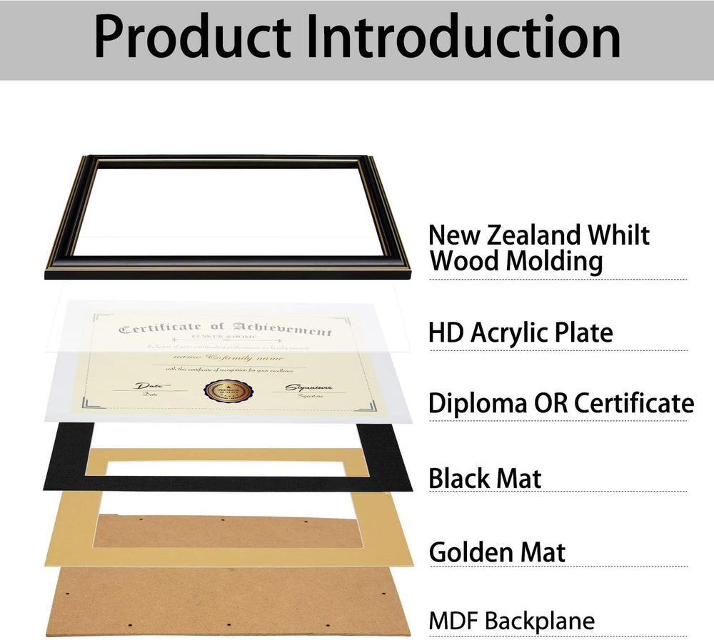 ELSKER&HOME 11x14 Diploma Frame with Black Mat,Real Wood Black