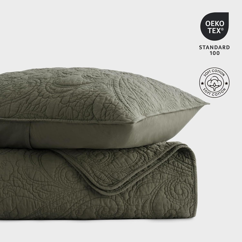 EVERGRACEHOME 100% Cotton Paisley Quilt Set, King Size, Olive Green