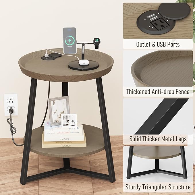 Gadroad Round End Table with Charging Station, USB Ports, Wood Tabletop &...