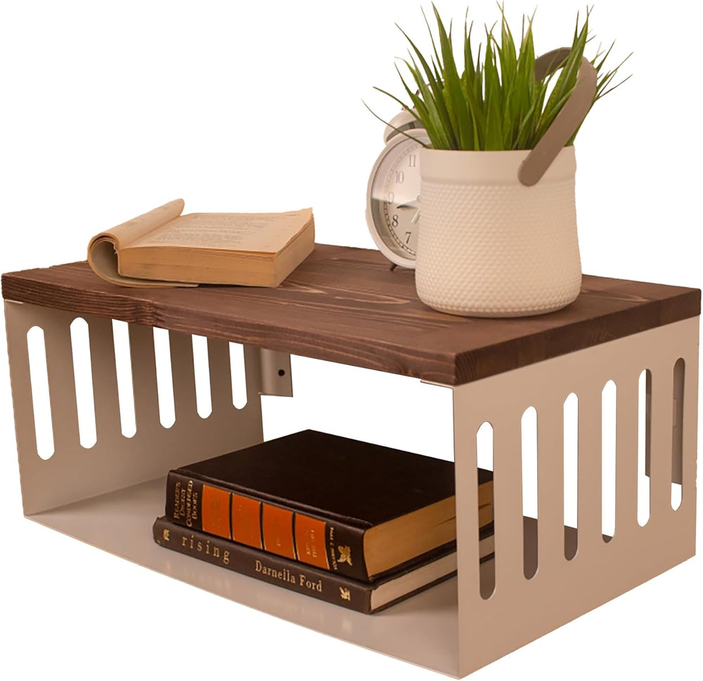Floating Nightstand with White Metal Base, Wooden Top and Sturdy Metal Base, ...