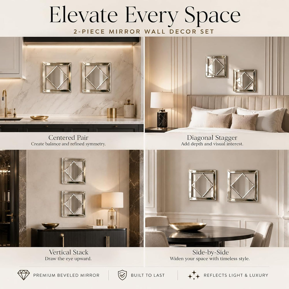 Square Decorative Wall Mirror 12 x 12 Inch, Silver Frameless Mirror Wall Deco...
