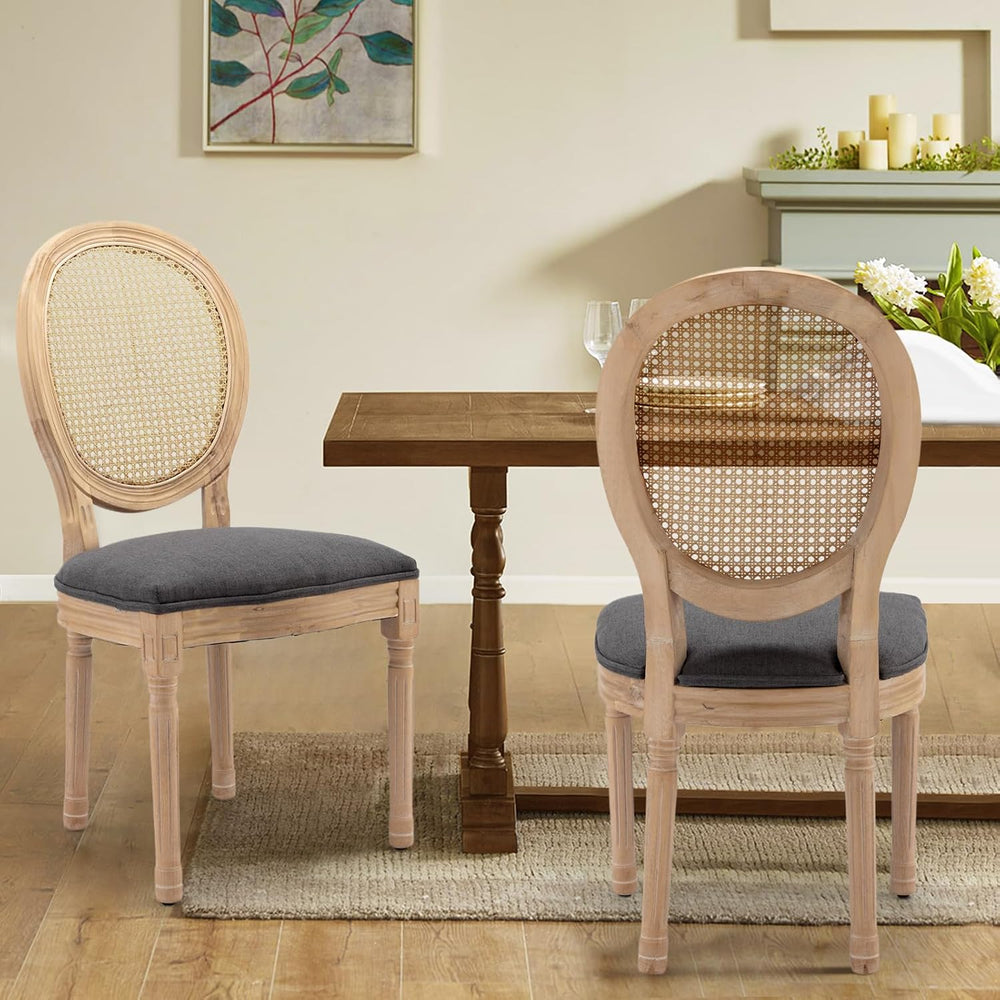 Rattan Back Upholstered Dining Chairs Set of 2 French Country Oval Kitchen Si...