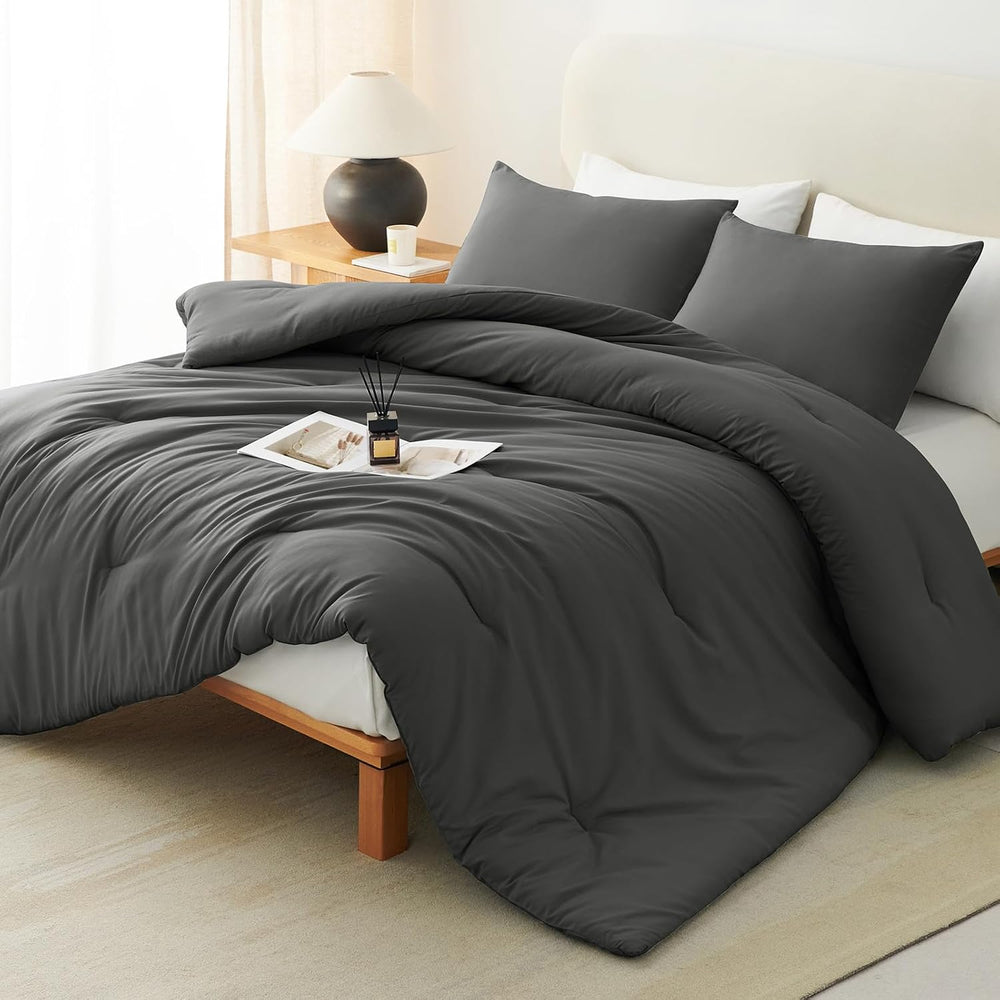 CozyLux Full Comforter Set, 3 Pieces Down Alternative Bedding, Dark Grey