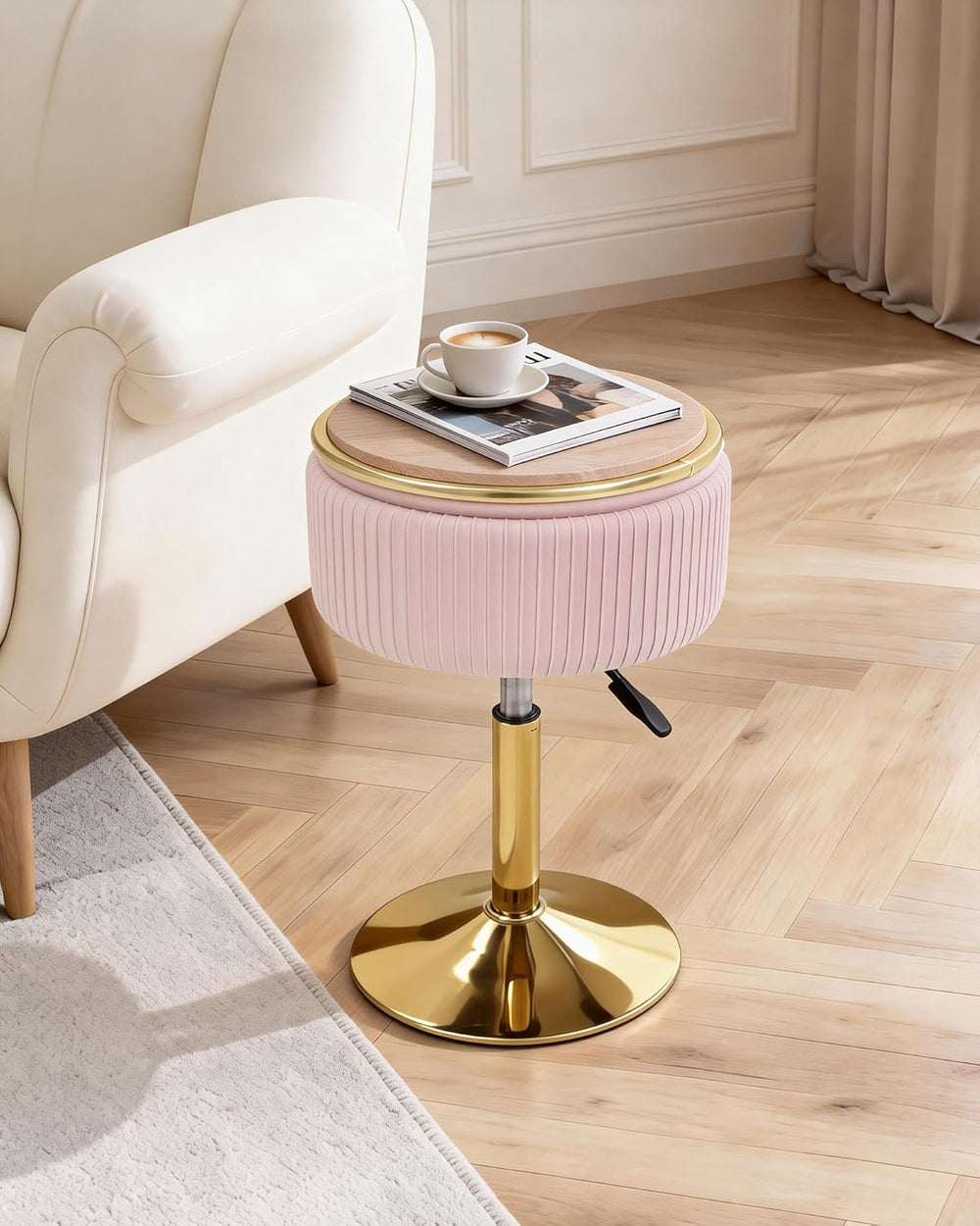 LITZFUR Adjustable Vanity Stool with Storage, 360° Swivel Gold Chair, Velvet ...