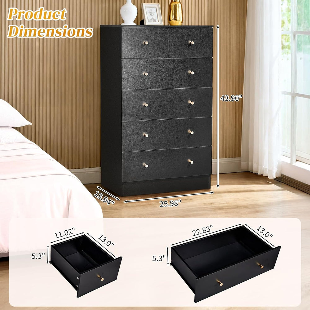 Karl home Black 6 Drawer Dresser, Rose Gold Handle Modern Bedroom Chest