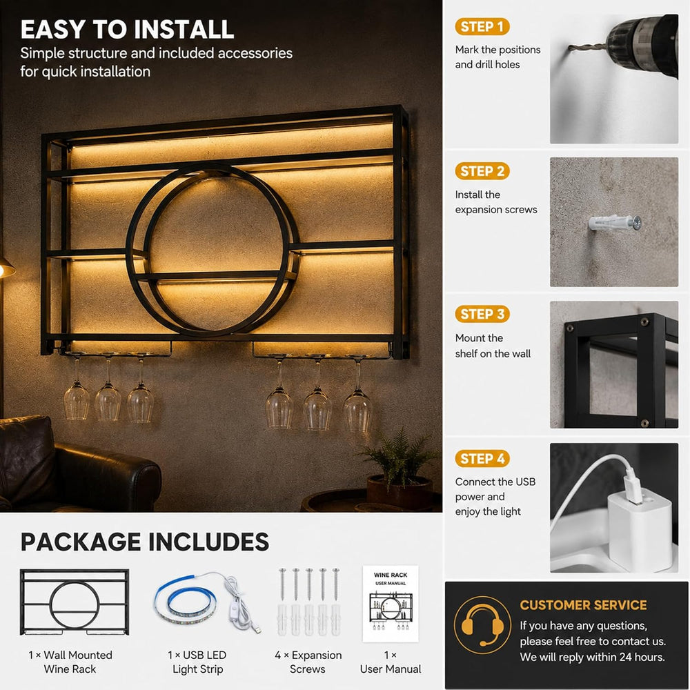 Marsui 39.4" Wall Mounted Wine Rack with LED, 3-Tier Bar Shelf, Circular...