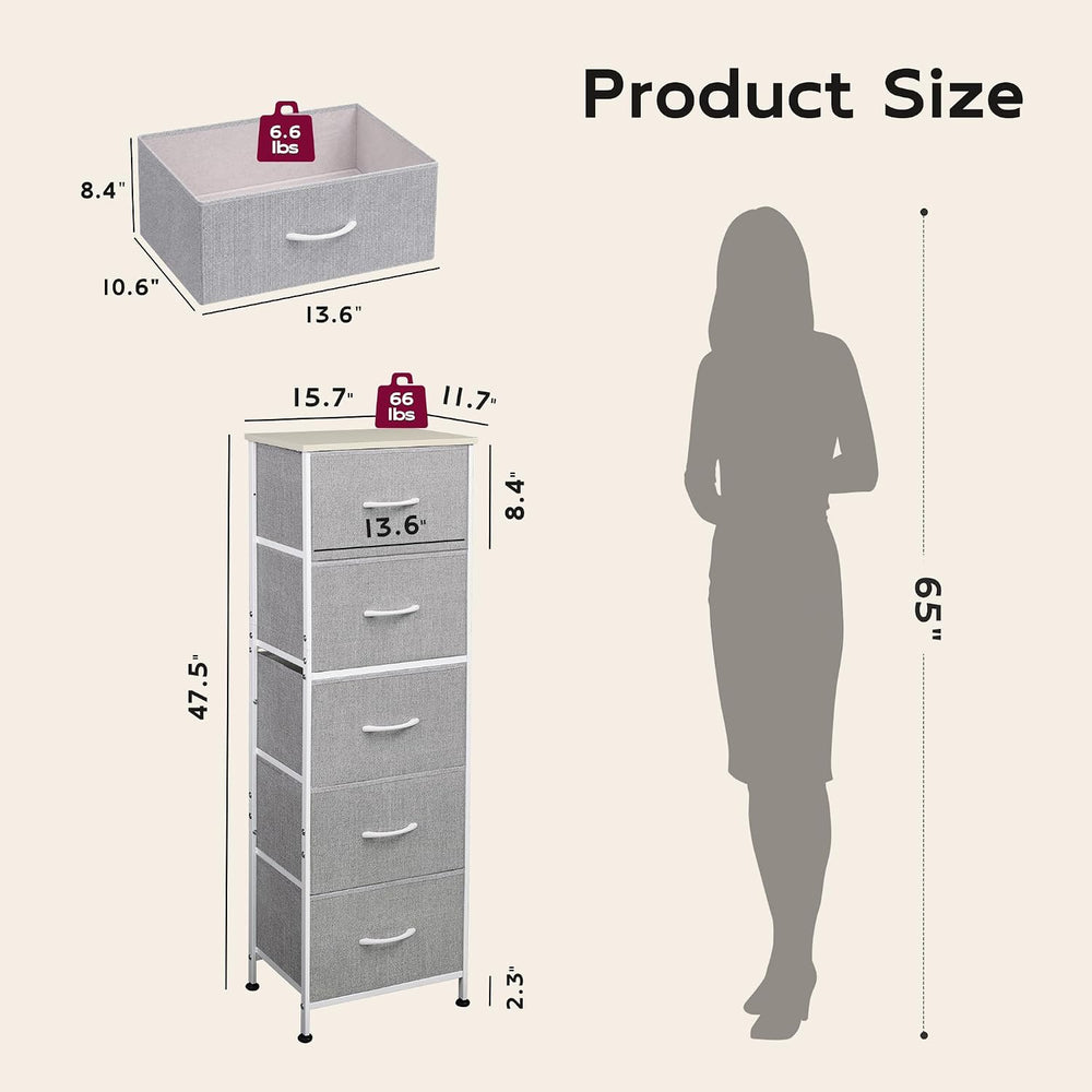 WLIVE Tall Dresser for Bedroom, 5 Drawer Dresser, Light Grey