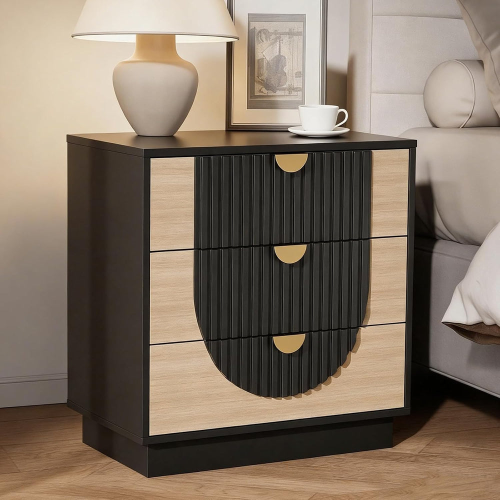 3 Drawer Nightstand with Charging Station, 28" Fluted Night Stand & ...
